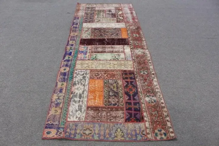 3.4x9 ft Vintage Turkish Rug, Runner Rug, Red Blue Animal Print Wool Rug - 1