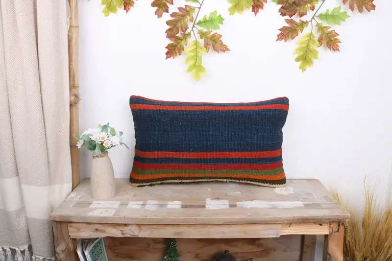 Throw Kilim Pillow, 12x20 Blue Cushion, Shabby Chic Pillow Case, Turkish Pillow, Outdoor Pillow Case, Pillow Case, Boho Pillow - 1