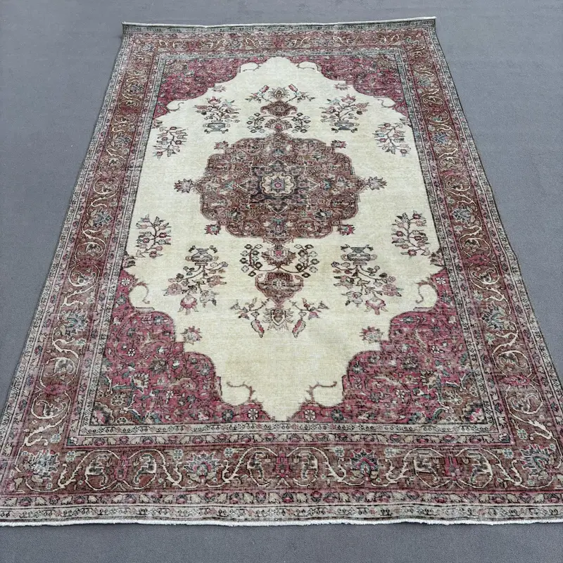 6.2x9.5 ft Vintage Turkish Rug, Large Rug, Oushak Red Wool Rug - 1