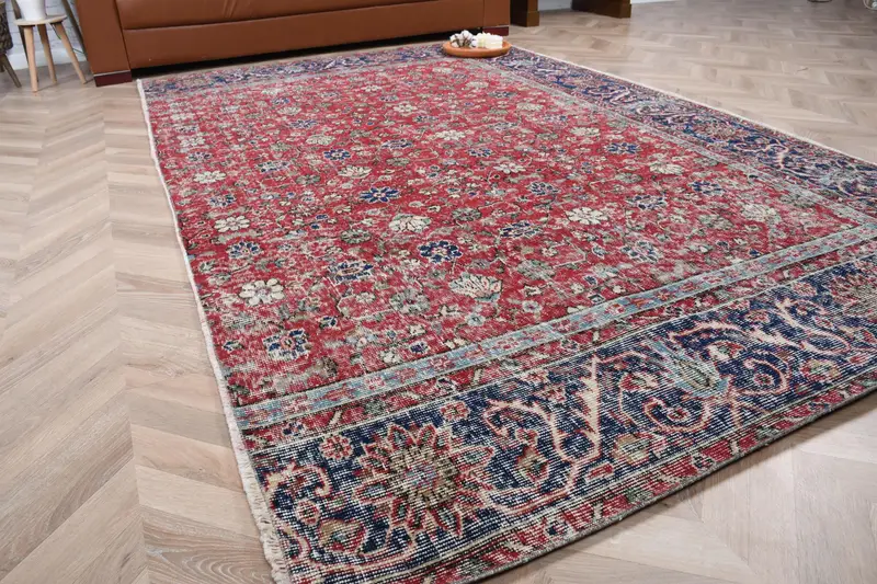 Vintage 8.8x5.4 ft Halı, Türk Büyük Halı, Kırmızı Çiçekli Halı - 1