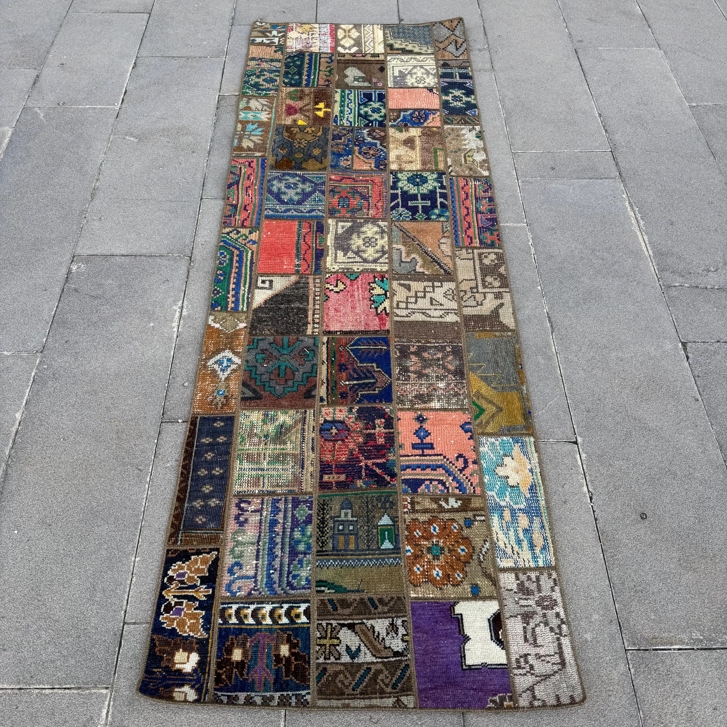 Vintage 2.5x7.3 ft Rug, Turkish Rug, Blue Solid Rug Wool - 1