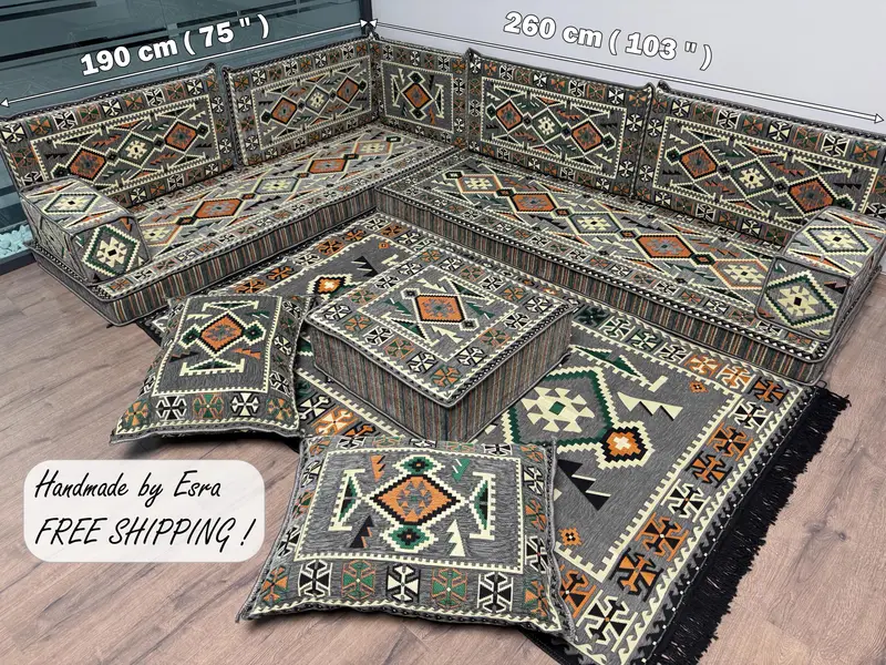 Gray & Orange Southwestern Ottoman, Kilim-Inspired Wool Blend Modular Set