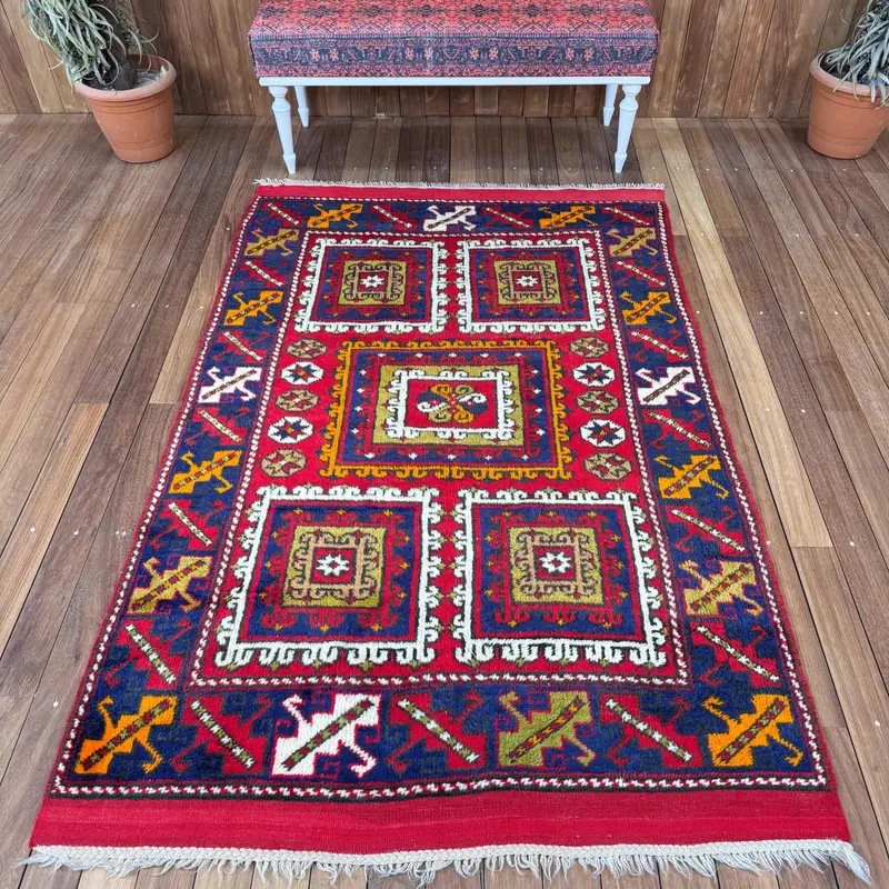 Alfombra vintage de 4,4x6,8 pies, alfombra de área turca, alfombra de lana del suroeste azul rojo - 1