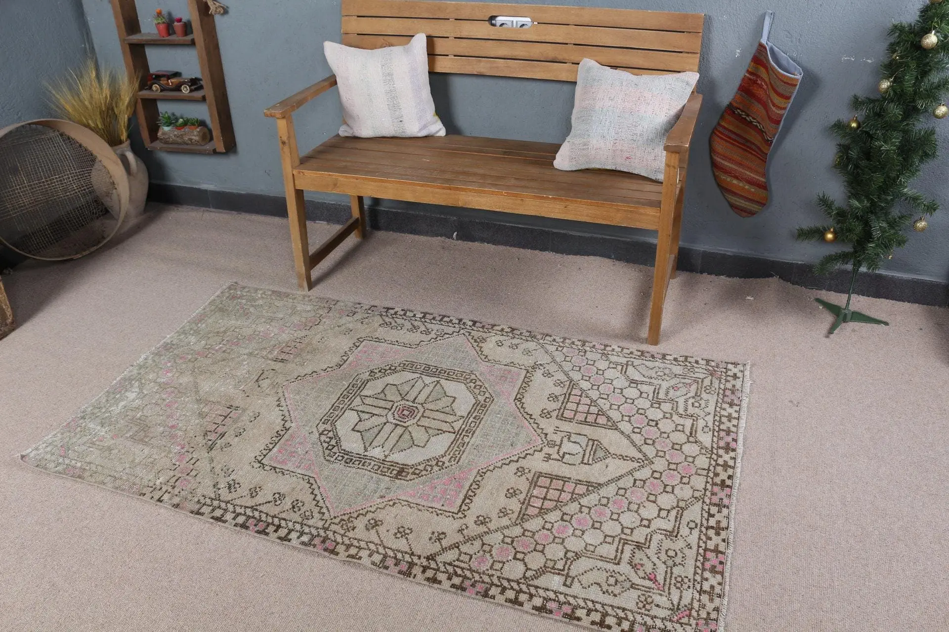 3.3x5.7 ft Vintage Halı, Gri Çizgili Türk Yün Halısı - 1