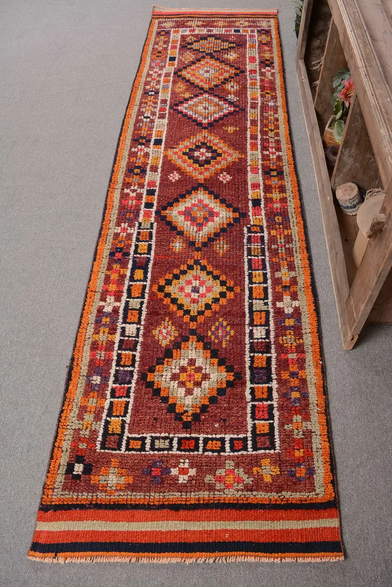 Purple Floral Rug, 2,6x10,1 ft Elegant Green Accents