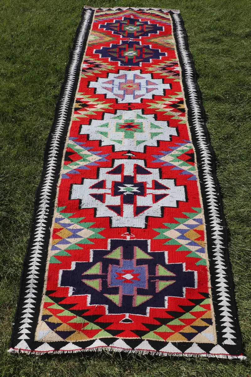 Red & Beige Rug, 3,1x9,3 ft Floral & Geometric Design