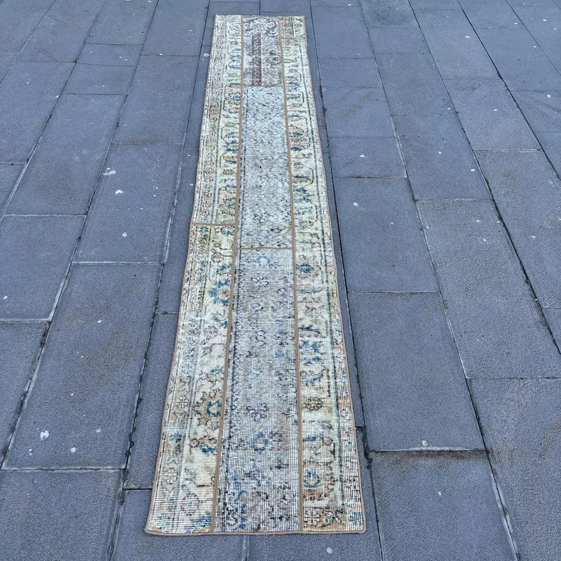 1.6x9.5 ft Vintage Rug, Turkish Runner Rug, Blue Brown Floral Rug - 1