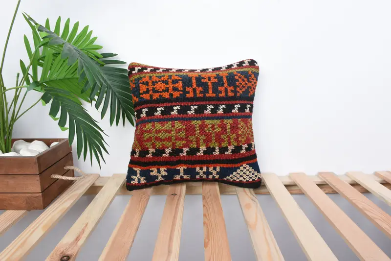 Vintage Kilim Pillow Pillow Case, Kilim Pillow Cover, Vintage Kilim Pillow, Boho Pillow, Pillow Cover, Seat Cushion, 14x14 Orange Cushion Case - 1