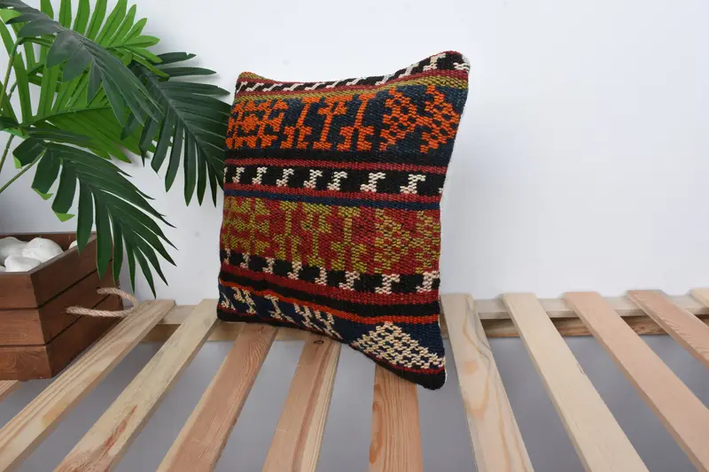 Vintage Kilim Pillow Pillow Case, Kilim Pillow Cover, Vintage Kilim Pillow, Boho Pillow, Pillow Cover, Seat Cushion, 14x14 Orange Cushion Case - 5
