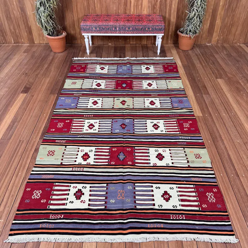 Turkish 4.9x8.8 ft Rug, Large Vintage Rug, Red Striped Wool Rug - 1