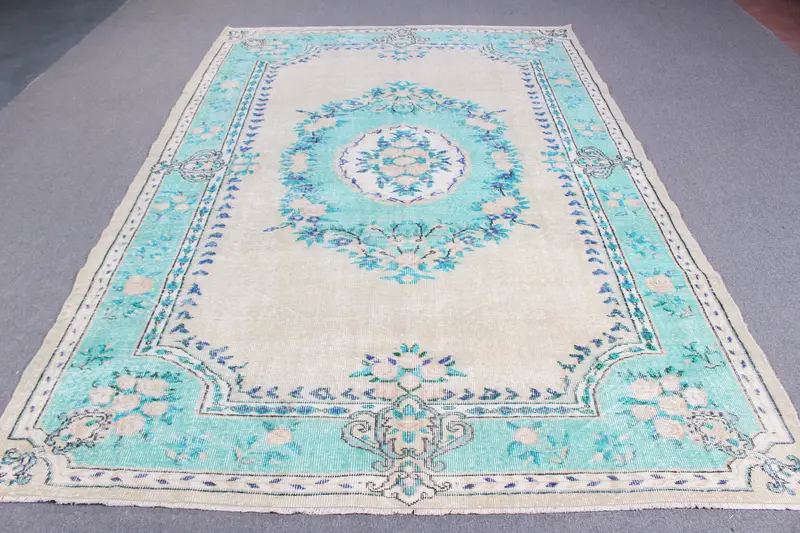 6.5x9.9 ft Halı, Türk Vintage Büyük Halı, Mavi Oushak Yün Halı - 1
