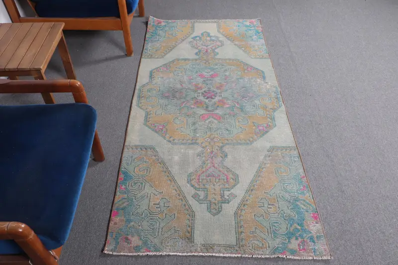 Zarif Yeşil ve Sarı Halı, 3,1x6,7 ft İran Desenli