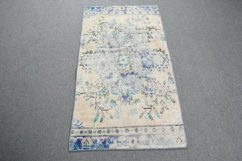 2.3x4.3 ft Turkish Rug, Vintage Small Rug, Blue White Solid Wool Rug - 1