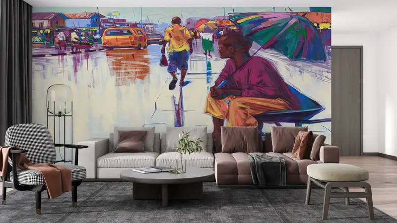 3d Wall Paper, Custom Wall Paper, Bright Wall Paper, Nigerian Landscape Wallpaper, African Woman With Umbrella, Ethnic Wall Decor, - 4