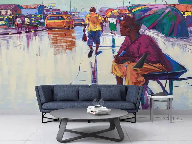 3d Wall Paper, Custom Wall Paper, Bright Wall Paper, Nigerian Landscape Wallpaper, African Woman With Umbrella, Ethnic Wall Decor, - 5