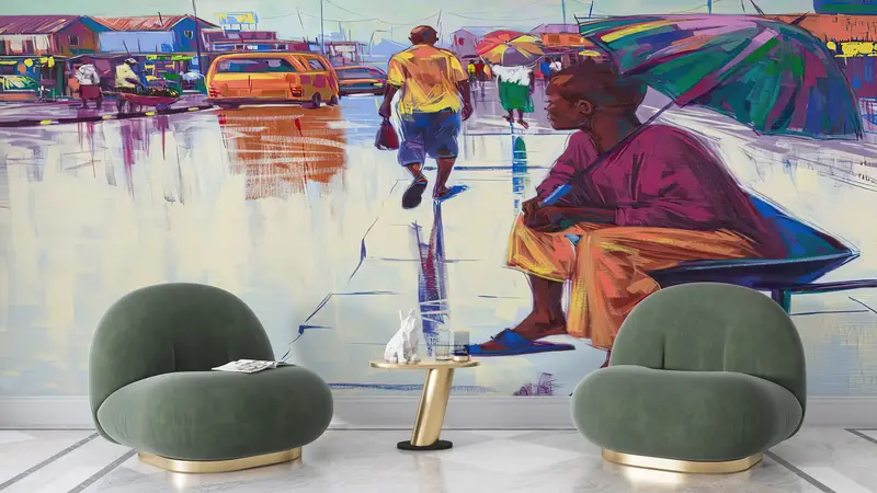 3d Wall Paper, Custom Wall Paper, Bright Wall Paper, Nigerian Landscape Wallpaper, African Woman With Umbrella, Ethnic Wall Decor, - 3
