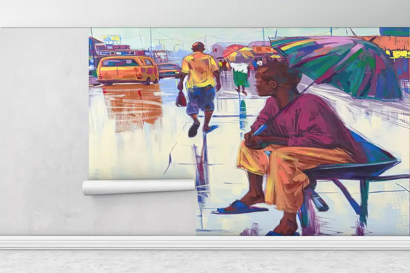3d Wall Paper, Custom Wall Paper, Bright Wall Paper, Nigerian Landscape Wallpaper, African Woman With Umbrella, Ethnic Wall Decor, - 1