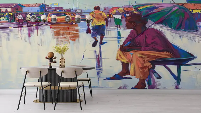 3d Wall Paper, Custom Wall Paper, Bright Wall Paper, Nigerian Landscape Wallpaper, African Woman With Umbrella, Ethnic Wall Decor, - 6