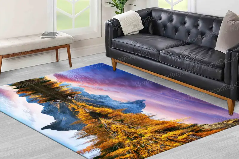 Bedruckter Teppich „Sunset Dolomites“: Herbstliche Waldseelandschaft