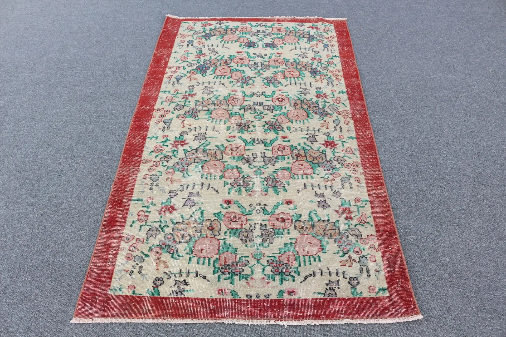Vintage Rug, Accent 3.5x5.9 ft Turkish Rug, Red Green Oriental Wool Rug - 1