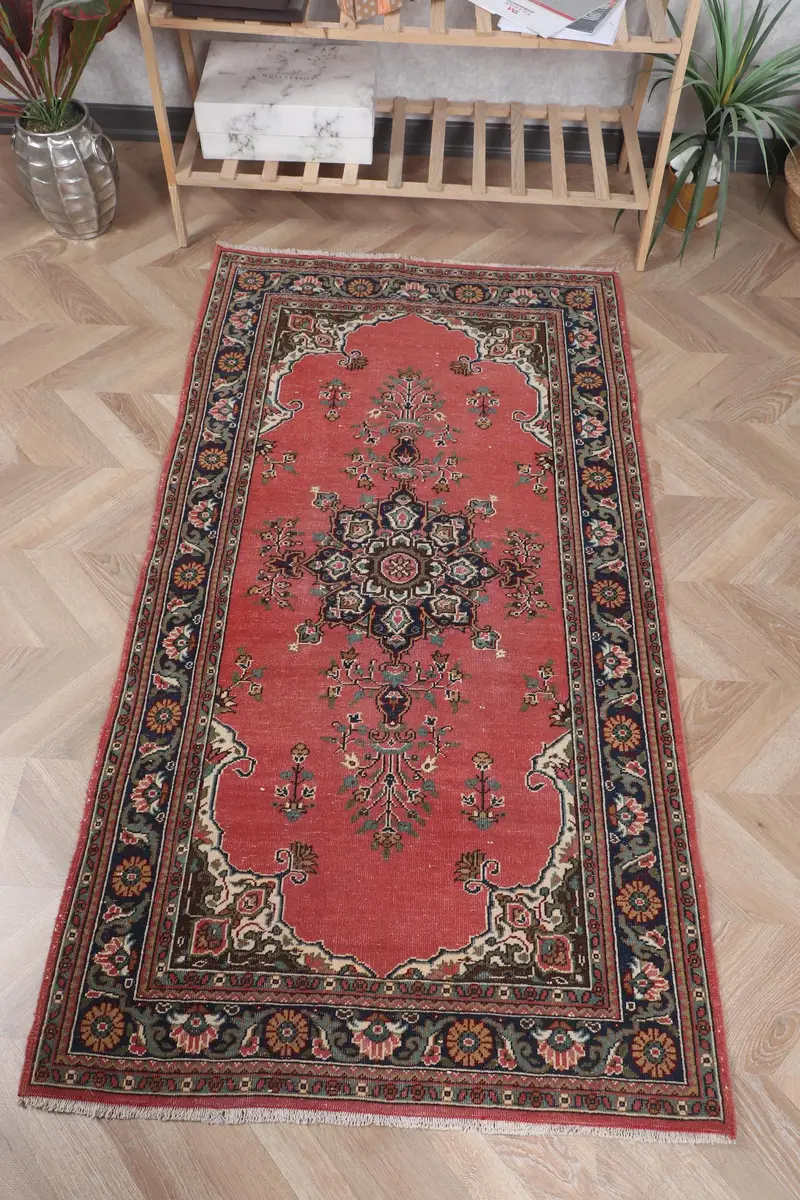 レッド&グリーンラグ、2.9x5.4フィートボタニカルデザイン