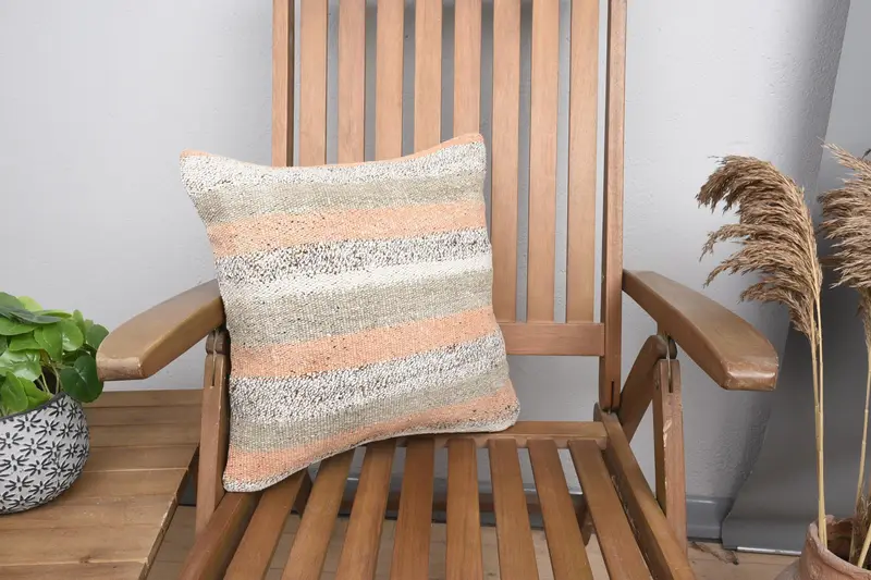 Vintage Wool Brown Euro Sham, Striped Antique Square 16x16 inch Pillow Case - 1