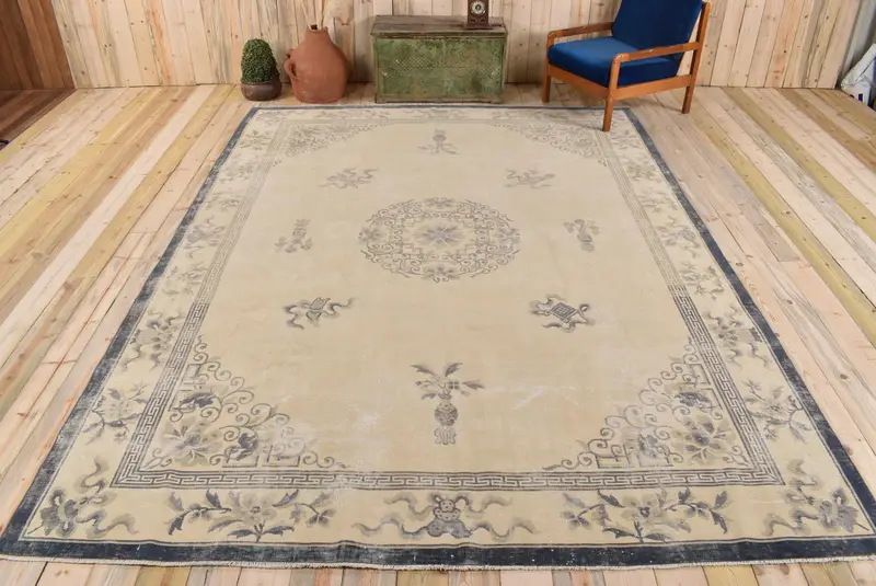 Zarif Bej ve Mavi Patchwork Halı, 8,7x11,6 ft