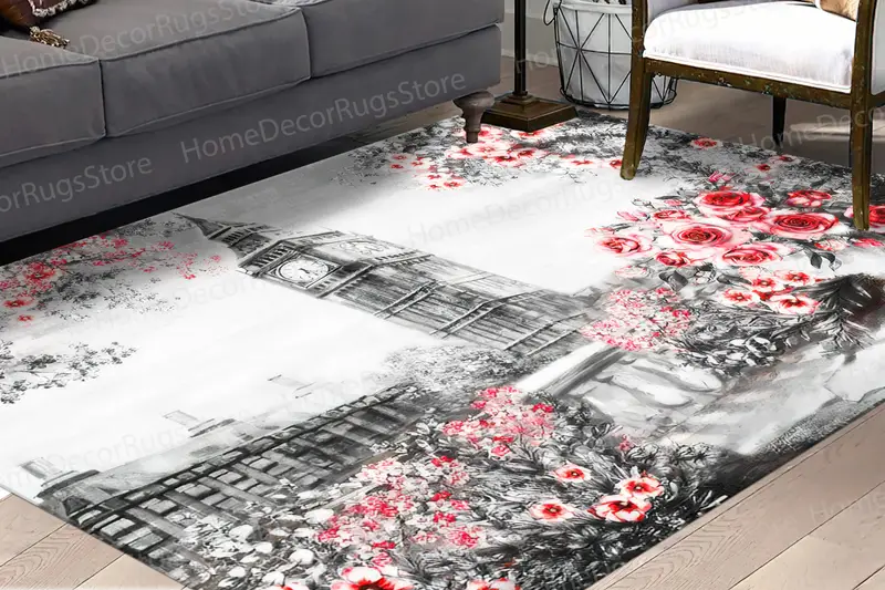 Bedruckter Teppich mit Londoner Stadtbild: Big Ben und Blumenmuster