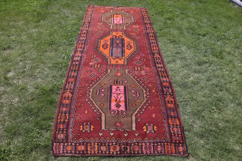 Mor Oryantal Halı, Yeşil Desenli 4,5x12,8 ft