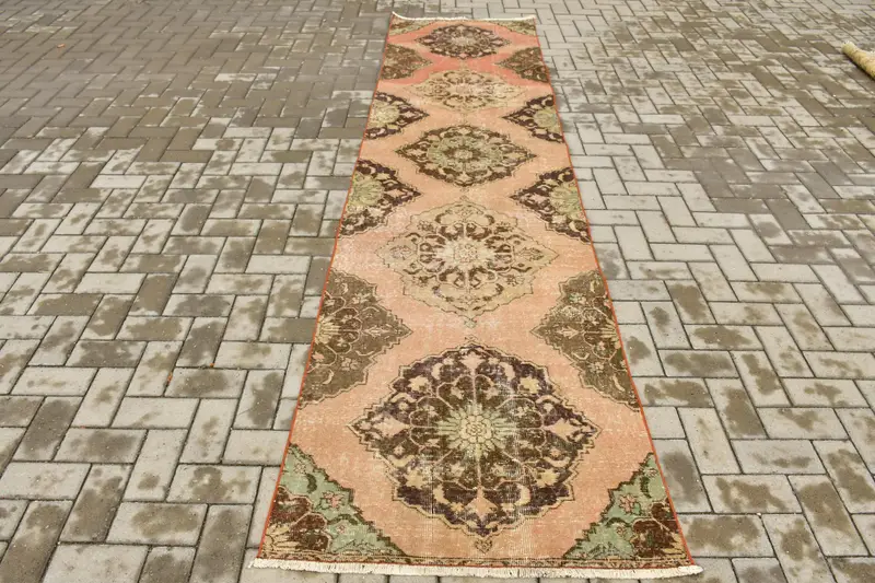 2.8x11.3 ft Halı, Türk Oushak Halısı, Vintage Kırmızı Yün Güneybatı Halısı - 1