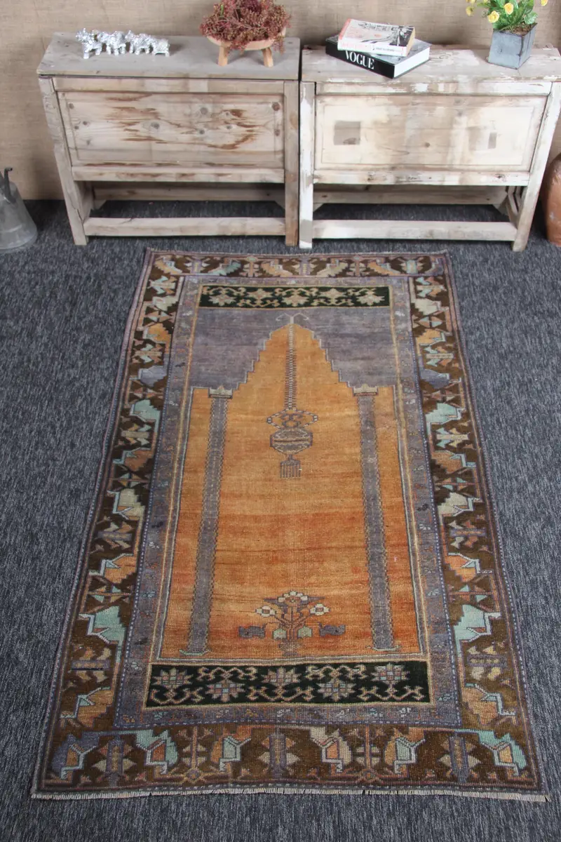 Herki Halı, 3.5x6.1 ft Vintage Halı, Turuncu Geometrik Halı Yün - 1