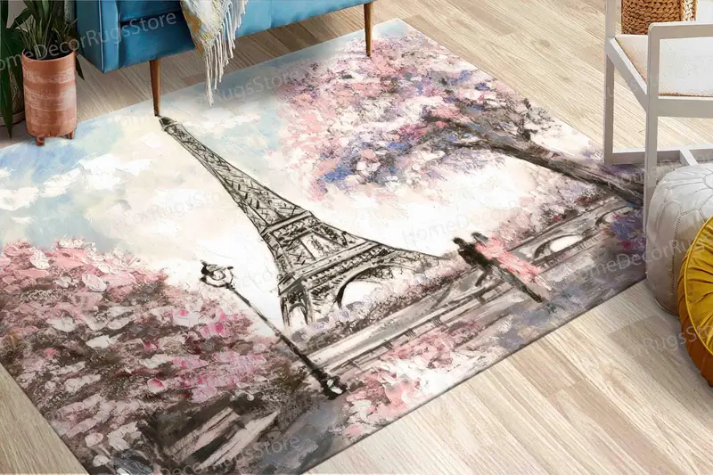 Alfombra con estampado de la Torre Eiffel de París, regalo romántico para parejas, hojas rosas