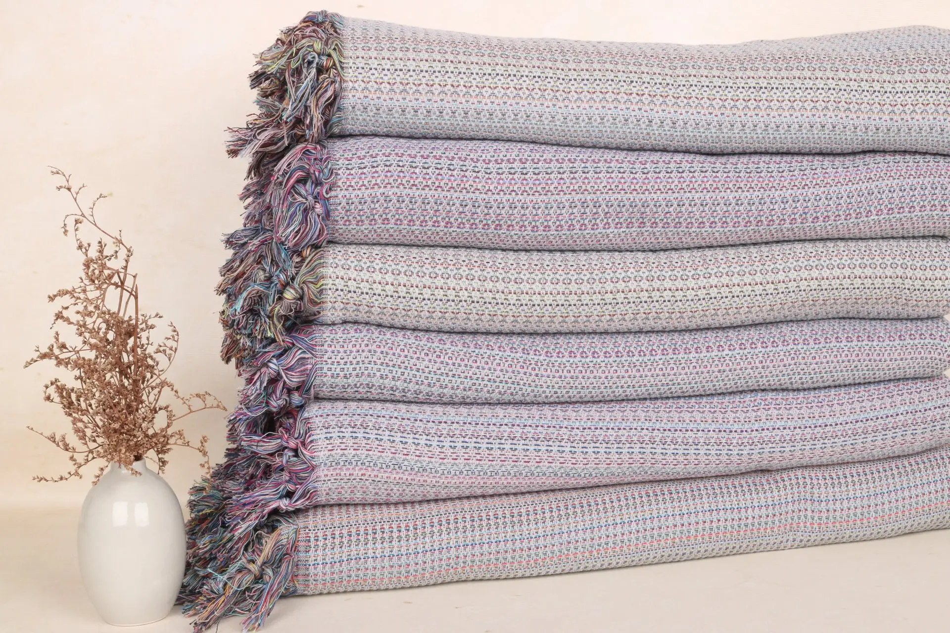 Decorative Light Gray Cotton Diamond Blanket, 87x89 Inches - 1