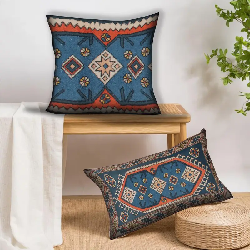 Gesticktes Vintage-Wurfkissen, blaues und orangefarbenes Chenille-Kissen