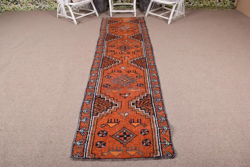 Vintage 2.6x9.8 ft Halı, Runner Türk Halısı, Turuncu Hayvan Baskı Yün Halı - 1