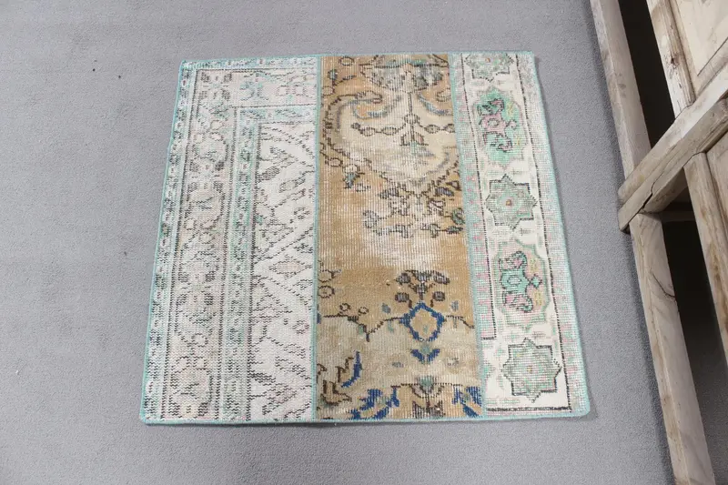 Türk Vintage Halısı, 2.6x2.6 ft Oushak Halısı, Mavi Kahverengi Kamuflaj Halısı - 1
