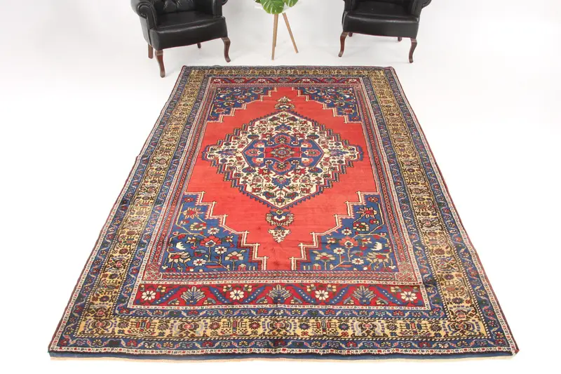 Turkish Vintage Oushak Rug 6.6x10.2 ft (200x310 cm), Red Camouflage Wool Rug - 1