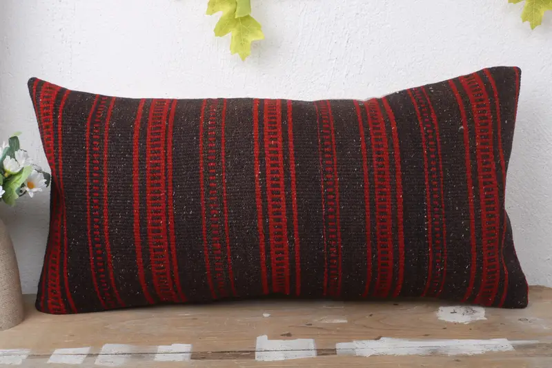 Kilim Pillow Cover, Garden Pillow Case, Bolster Throw Cushion, Turkish Kilim Pillow, Throw Kilim Pillow, Pillow Sham, 12x24 Red Pillow Sham - 2