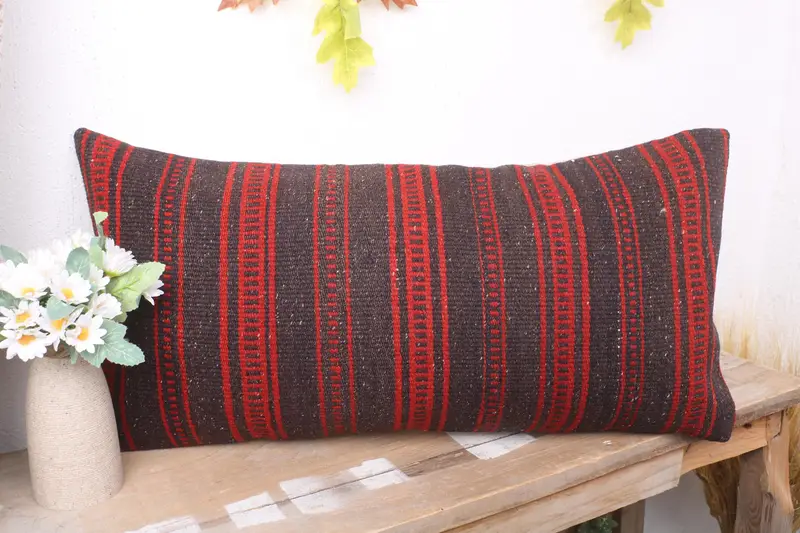 Kilim Pillow Cover, Garden Pillow Case, Bolster Throw Cushion, Turkish Kilim Pillow, Throw Kilim Pillow, Pillow Sham, 12x24 Red Pillow Sham - 4