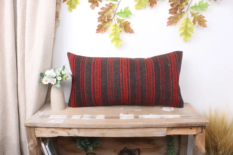 Kilim Pillow Cover, Garden Pillow Case, Bolster Throw Cushion, Turkish Kilim Pillow, Throw Kilim Pillow, Pillow Sham, 12x24 Red Pillow Sham - 1
