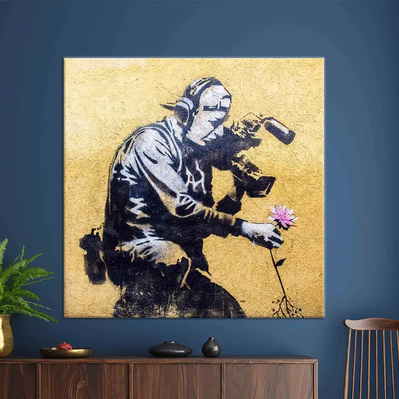 Banksy Cameraman And Flower, Banksy Flower Wall Art, Banksy Canvas Art, Banksy Graffiti Wall Art, Graffiti Canvas Art, Home Decor, - 1