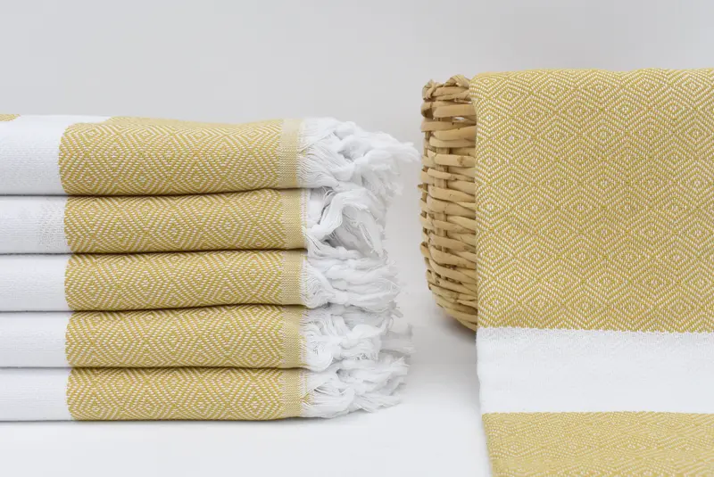 Turkish Towel Mustard Diamond Pattern, Organic Cotton, 70x40 Inches