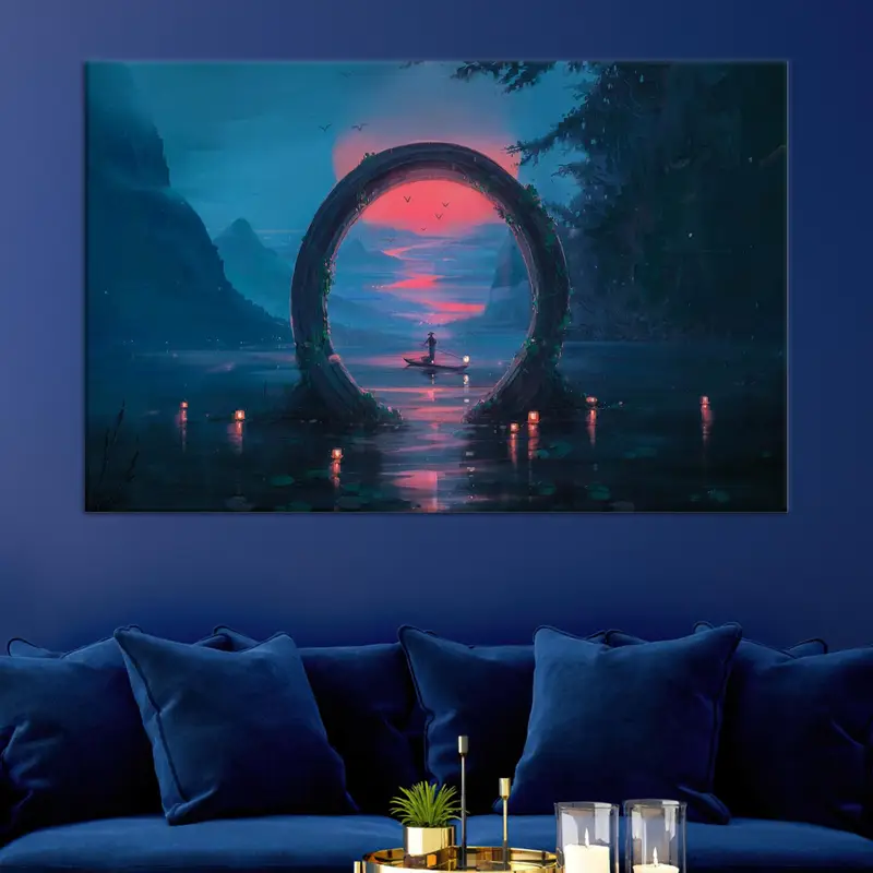 Abstrakte Boot-Nachtlandschaftsleinwand: Kreisdruck mit schwebenden Lichtern