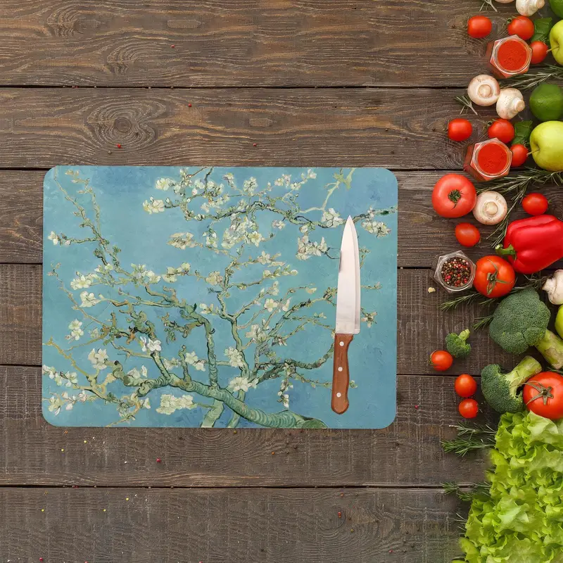 Almond Blossom Glass Cutting Board, Van Gogh Inspired Design