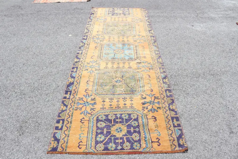 3.2x9.1 ft Vintage Türk Halısı, Yolluk Halısı, Oushak Mavi Yün Halısı - 1