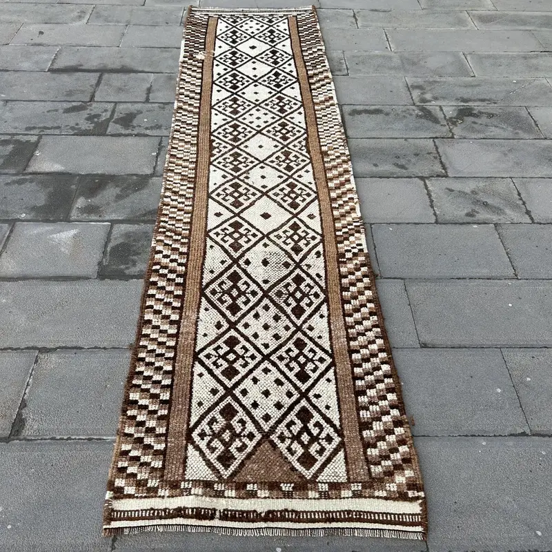 2.6x10.6 ft Turkish Vintage Rug, Runner Rug, Brown Herki Check Rug - 1