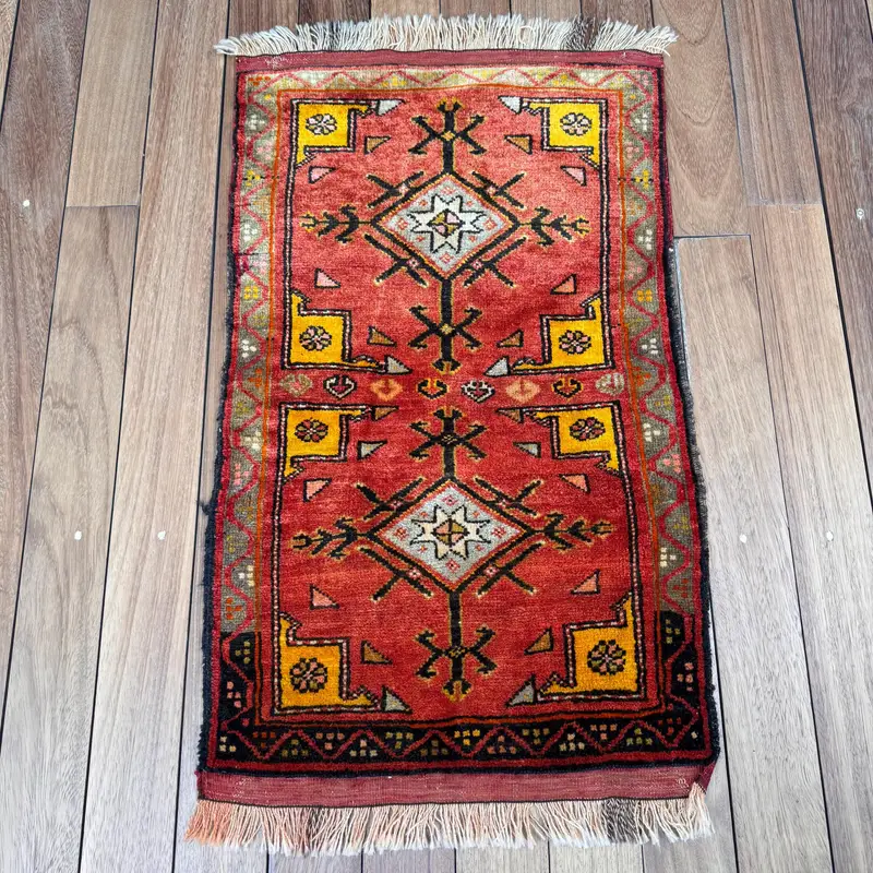 Turkish Vintage Rug, 1.7x2.9 ft Oushak Rug, Red Yellow Polka dot Wool Rug - 1