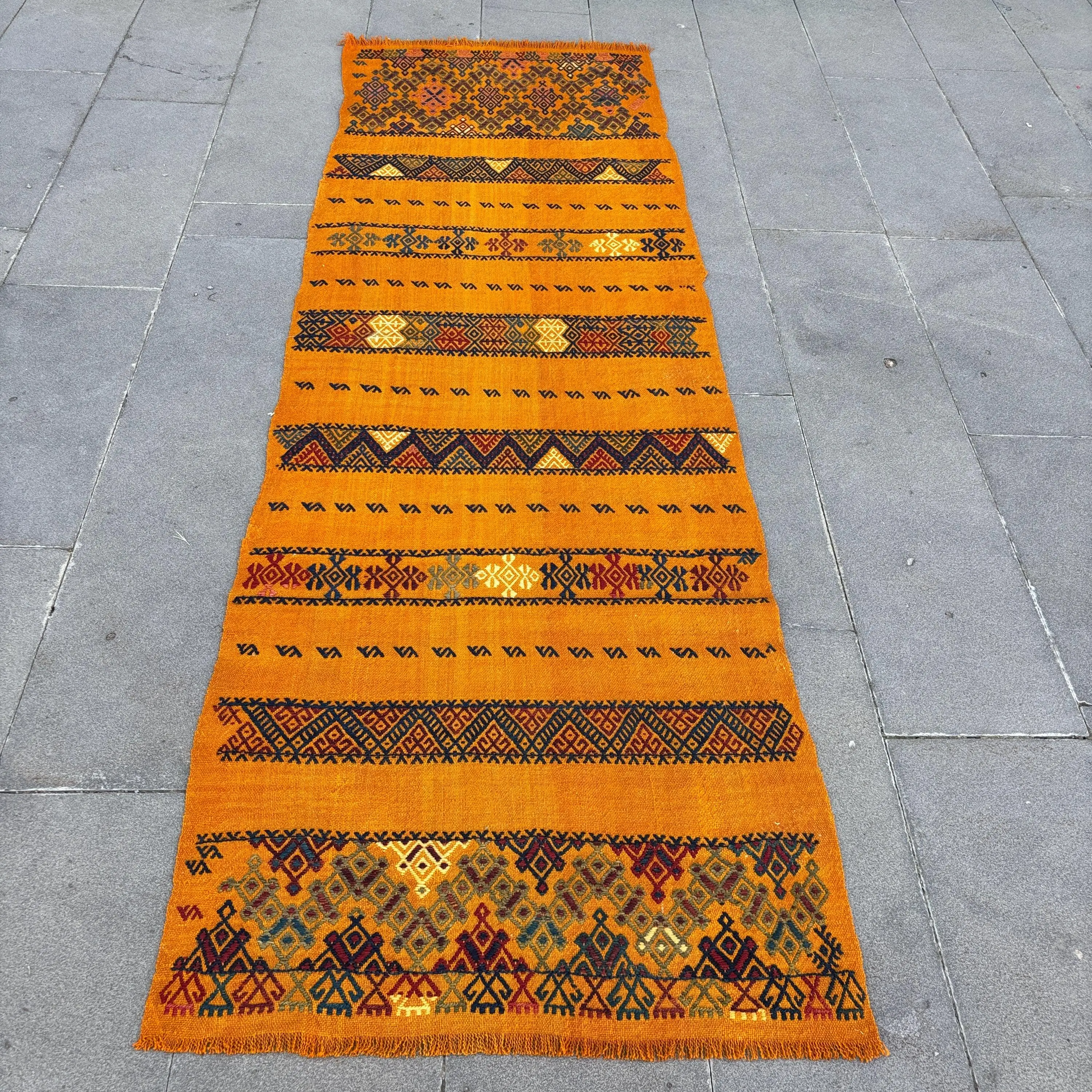 2.8x8.4 ft Runner Vintage Turkish Rug, Orange Wool Rug - 1