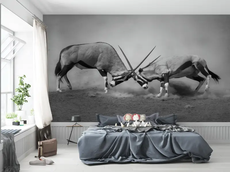 Elegante, mit Wildtieren bedruckte Tapete: Moderne Bauernhaus-Männerhöhlen-Dekoration