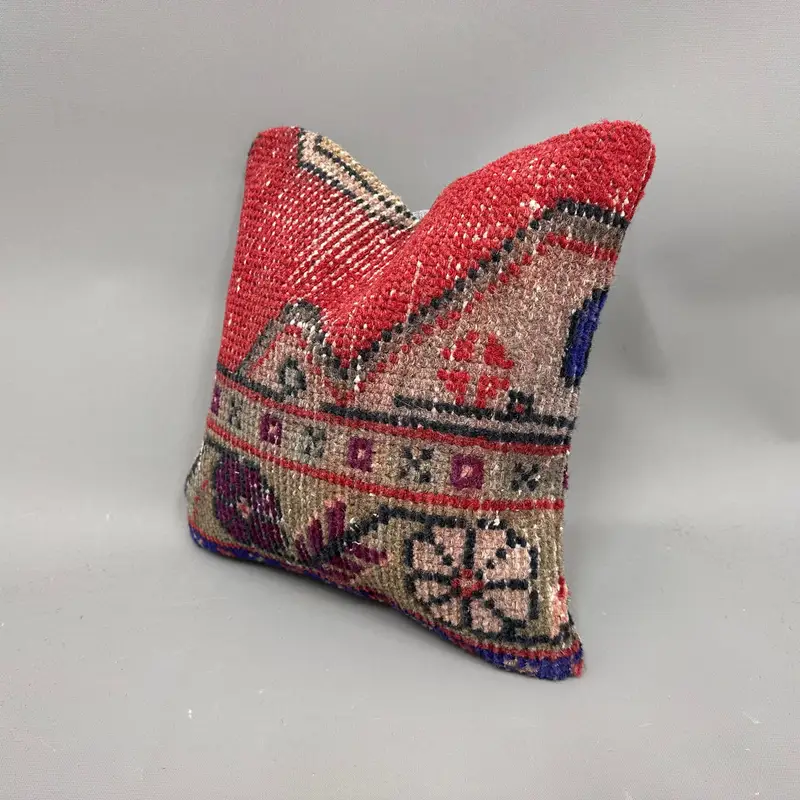 Cushion, Interior Designer Pillow, Vintage Kilim Throw Pillow, 12x12 Red Pillow Cover, Kilim Cushion Sham, Car Cushion Cover, Handwoven Pillow Case - 3